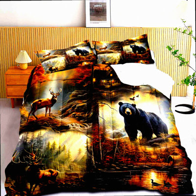 Wildlife Hunter Lodge Comforter Set - Black Bear Deer Elk Moose Mallard Duck Woodland Forest Animal Rustic Farmhouse Cabin Bedding - 3PCS with 2 Pillo -  East Urban Home, D5ECF0FA25C14558B9B6A2D25FD3849A