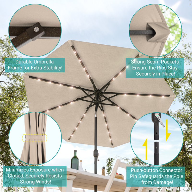 Market Umbrella LED Lights Round Patio Umbrella with Large Canopy Outdoor Table Umbrella Solar Powered For Deck, Beige