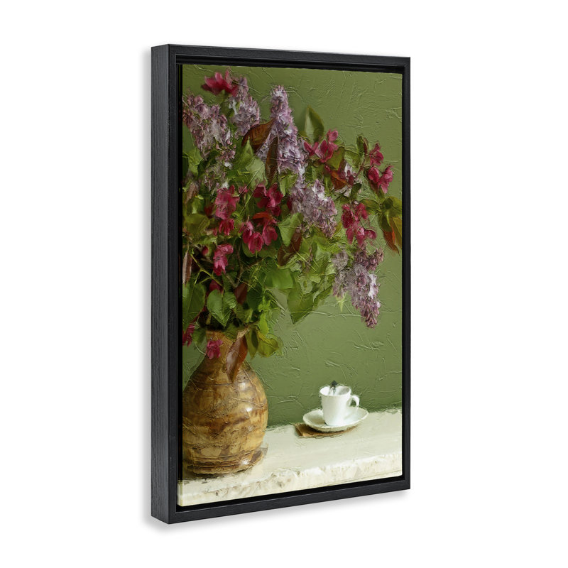 Fleurs et tasse à thé encadrée par Sundance Group, LLC., H 25 po x l 17 po, Cadre flottant noir de jais