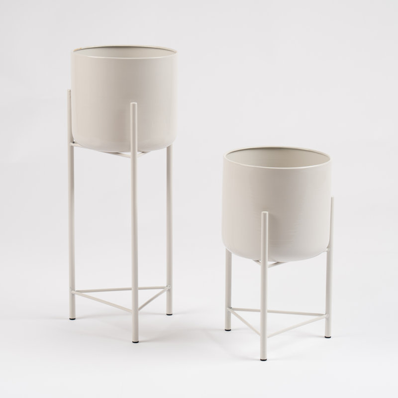 Set of 2 Metal Planters on Stands, Beige