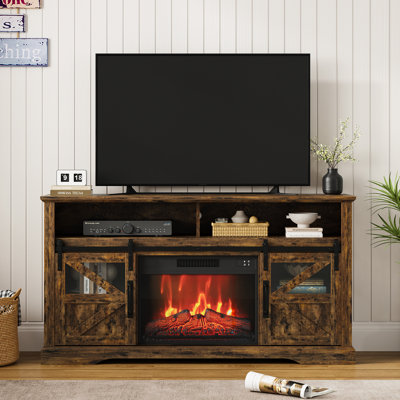 Meuble télé de style ferme avec foyer électrique de 58 cm (23 po) et télécommande, grand meuble multimédia avec porte coulissante de style grange et étagères de rangement pour le salon (1400 W), couleur bois
