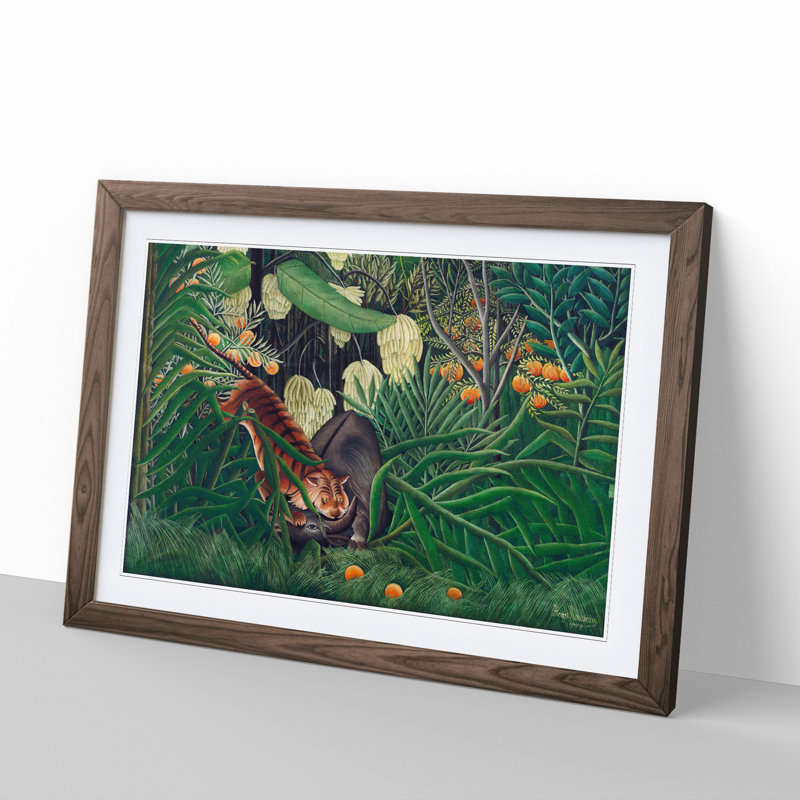 Combat of a Tiger and Buffalo Vol.2 by Henri Rousseau - Picture Frame Graphic Art, 36cm H x 48cm W x 2cm D, Walnut Framed