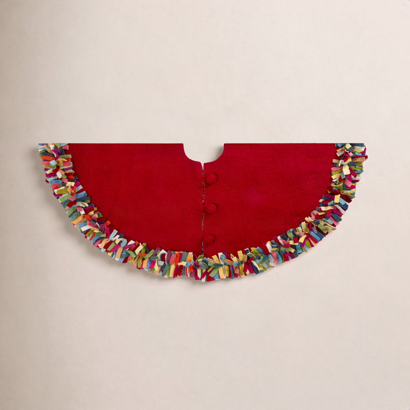 Handmade Felt Christmas Tree Skirt - Multicolor Fringe Border on Cream - 48", Red, 51" W