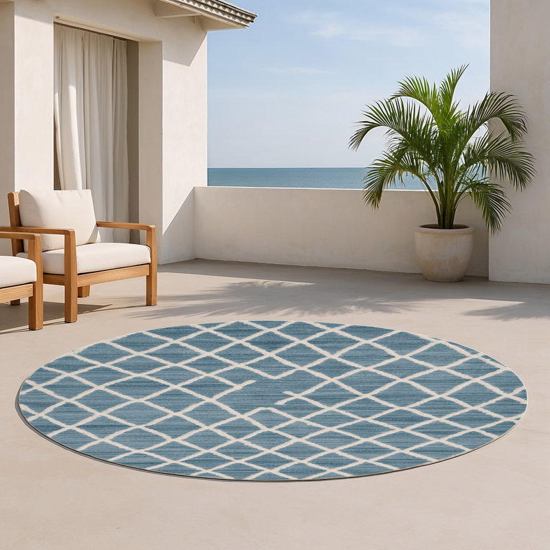 Tapis bleu intérieur et extérieur Trellis, Rond 5 pi