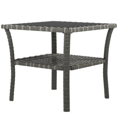 Rattan Side Table, Outdoor End Table with Storage Shelf, Aluminum Frame Square, Coffee Table with Tempered Glass Top