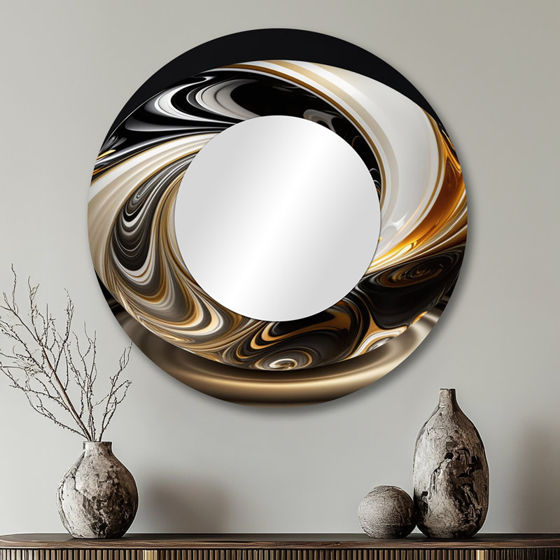Sorin Gold And Black Stained Glass Spiral II - Abstract Spirals Large Mirror, Modern Round Unique Wall Mirror Decor, Printed Metal Art
