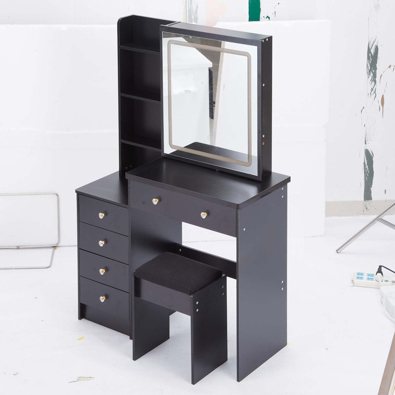 Meuble-lavabo de 37 po avec tabouret de taille moyenne 37 po + tabouret rembourré, grande commande tactile, interrupteur tricolore, miroir à luminosité réglable, rangement grande capacité, convient aux espaces moyens