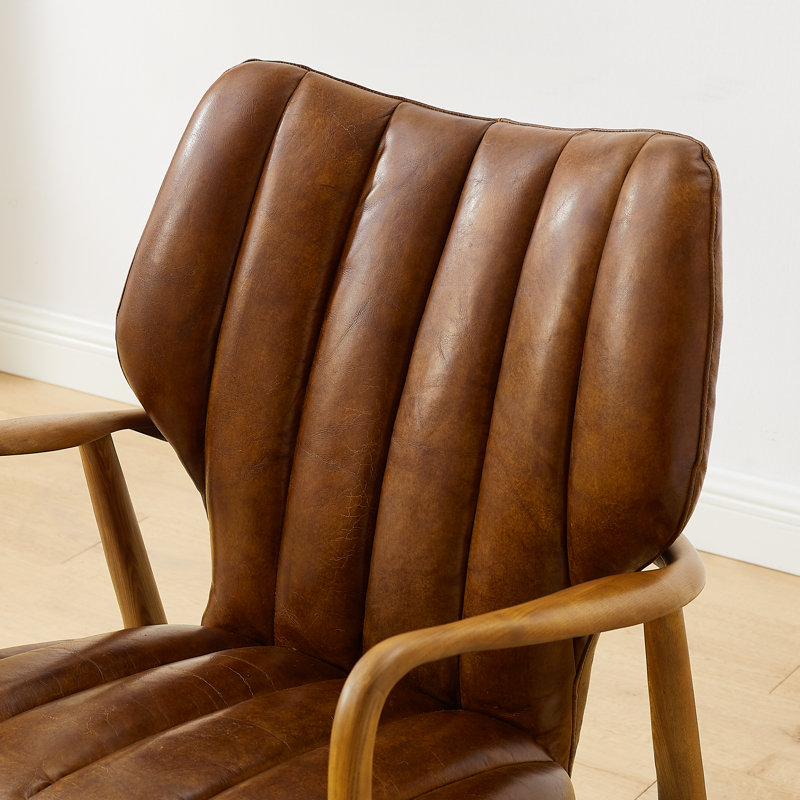 Mid-Century Modern Genuine Leather Solid Ash Chair, Brown