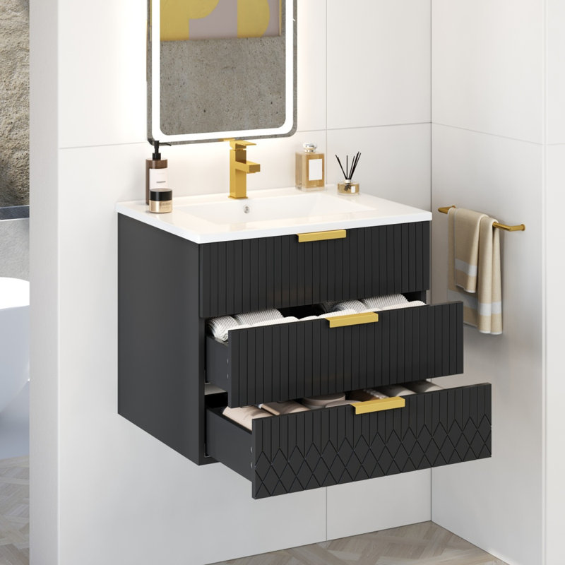 Meuble-lavabo mural flottant avec lavabo en céramique et double tiroir, Noir
