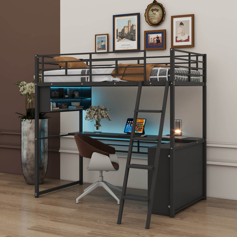 Modern Metal Loft Bed With Integrated LED Lighting, Study Table, And Quad Storage Shelves, Twin
