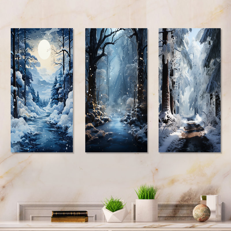 White Path To The Winter I - Forest Winter Metal Wall Art Living Room Set Of 3, 32" H x 48" W