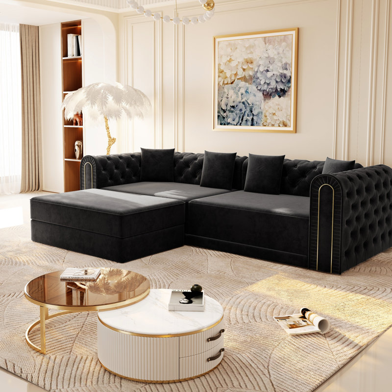 Canapé gain de place 3 places en 1, gris foncé, capitonné, finitions dorées, 4 coussins inclus, beige, élégant 21 cm, pour salon