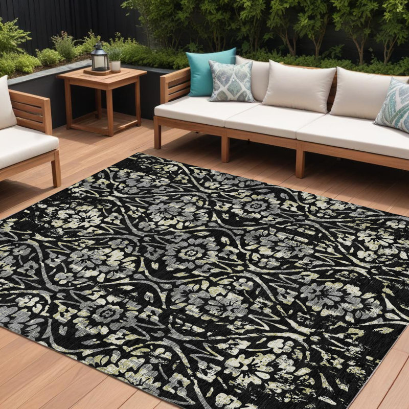 Tapis extérieur lavable floral gris et ivoire 10 pi x 14 pi noir