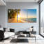 Palmiers, coucher de soleil, plage, palmiers, océan, vagues, sable, ciel, ensemble de 3 impressions sur toile-429736884