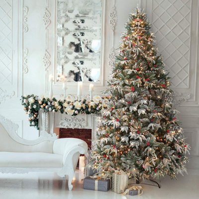  Arbre de Noël artificiel pré-éclairé de 9 pi, arbre en PE floqué avec 1000 lumières claires et baies rouges, arbre de Noël pré-décoré pour la maison, le bureau et la fête
