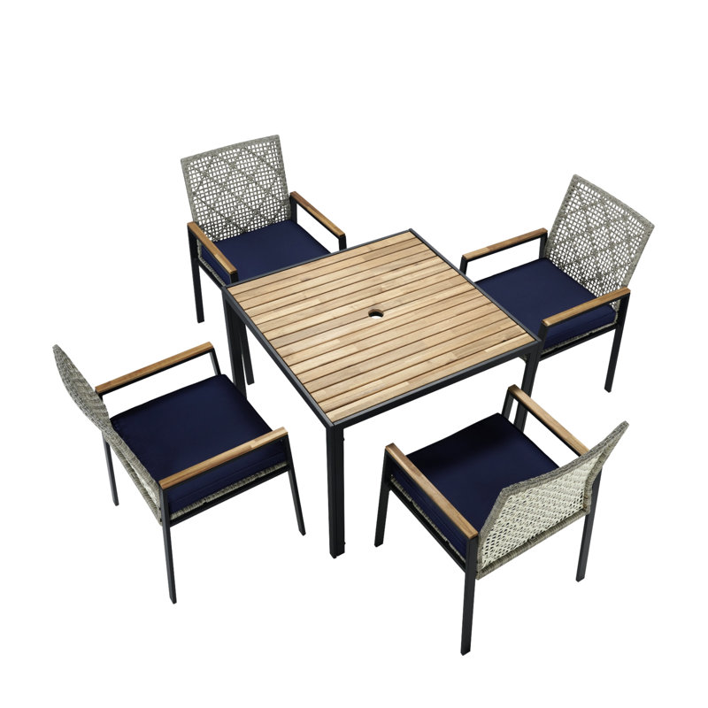 Ensemble de table de salle à manger 5 pièces toutes saisons avec trou pour parasol, Bleu