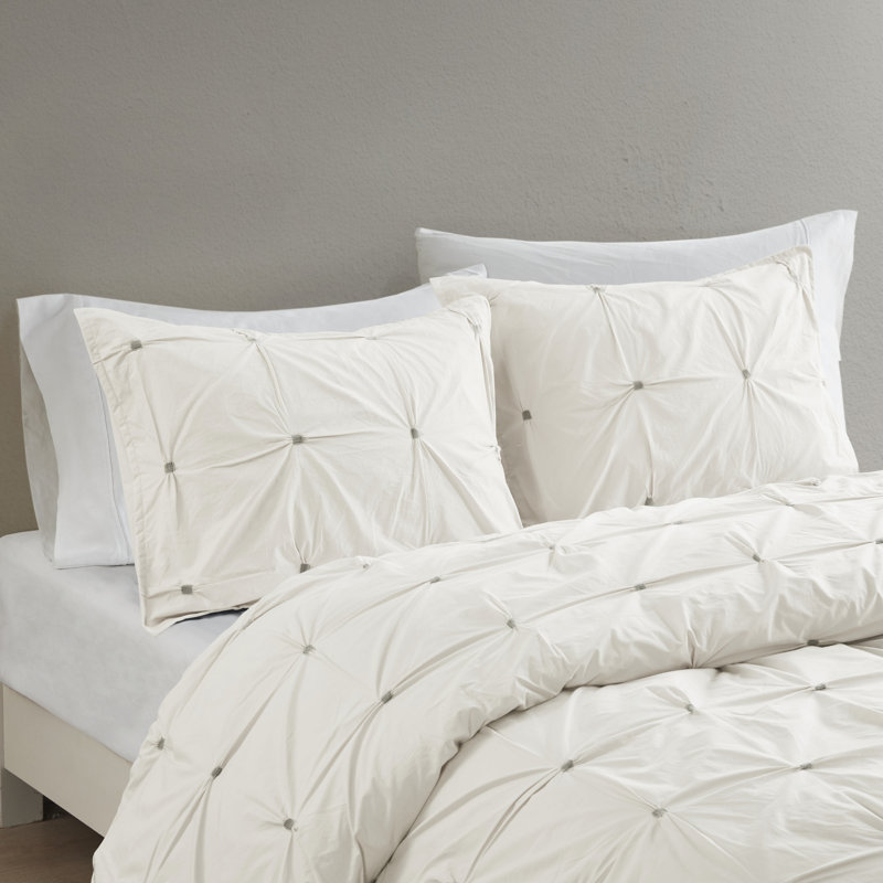 White Full/Queen Cotton Pintuck Duvet Cover Set