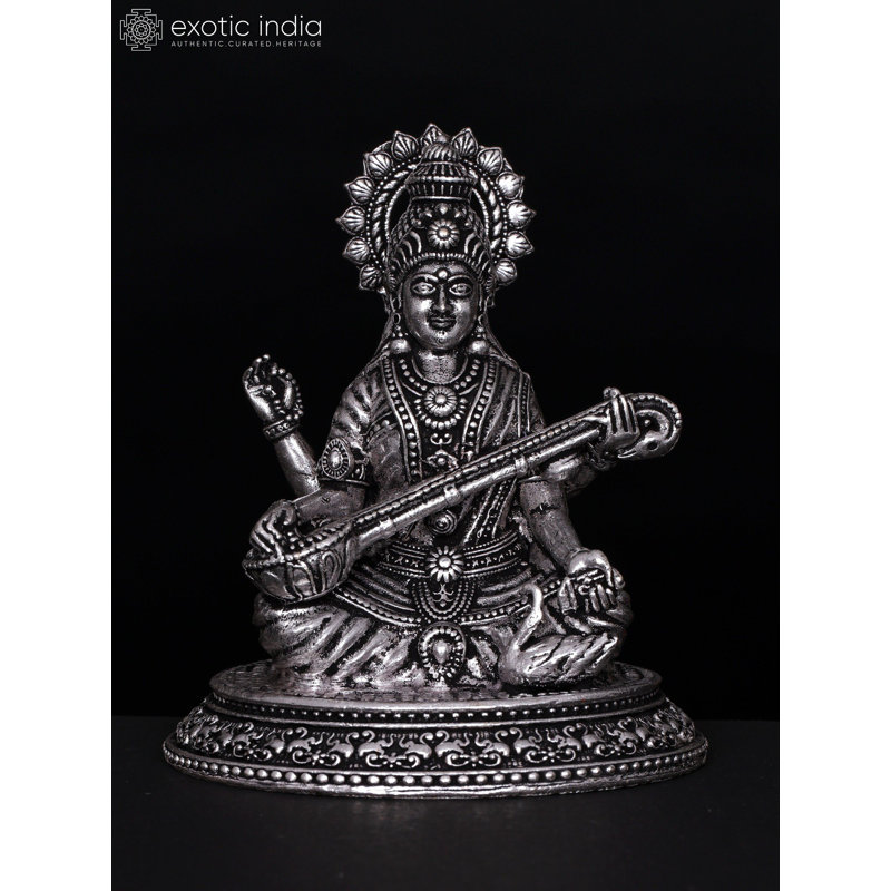 Petite statue de 3 pouces à quatre bras déesse Saraswati en laiton plaqué argent