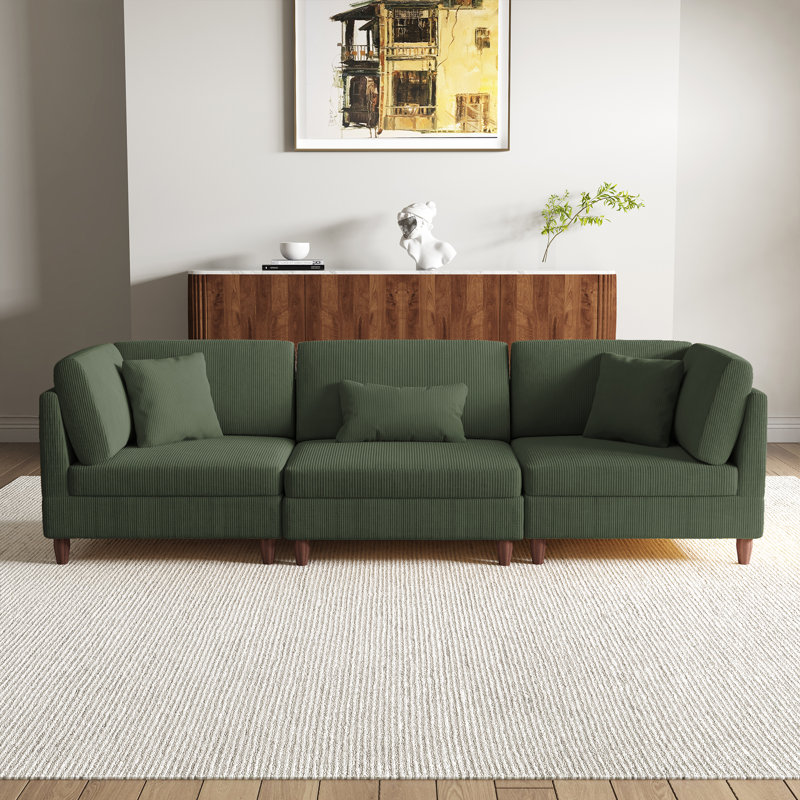 3 - Piece Upholstered Corduroy Modular Sectional with Pillow Back and Solid Wood Legs, Green