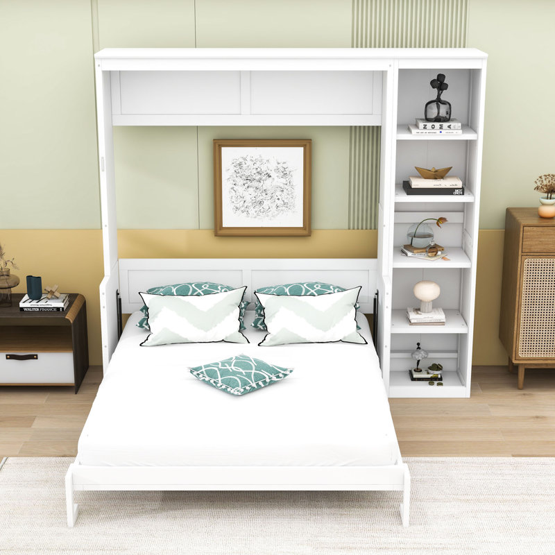 Lit escamotable mural Ell Elletsville avec tablettes, Blanc, Double