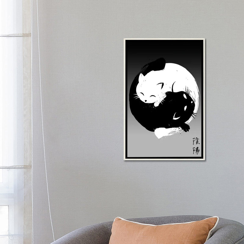 Yin Yang Cats, No Mat, 26" H x 18" W x 1.5" D, Distressed White Floater Framed Canvas
