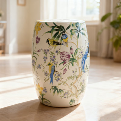 Flower patterned circular ceramic stool