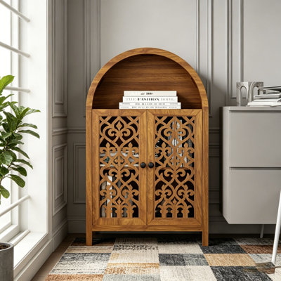 Armoire arquée sculptée à la main, armoire de rangement en bois massif avec tablette ouverte et 2 portes
