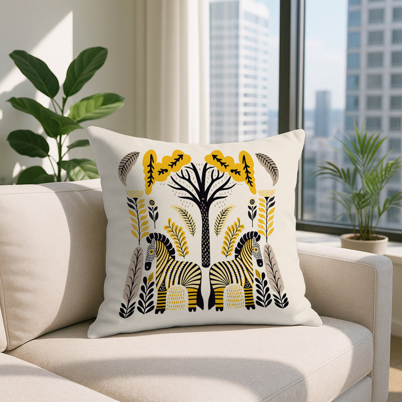 Oreiller carré réversible intérieur / extérieur Zuby Zebra, Jaune, Carré 15 po