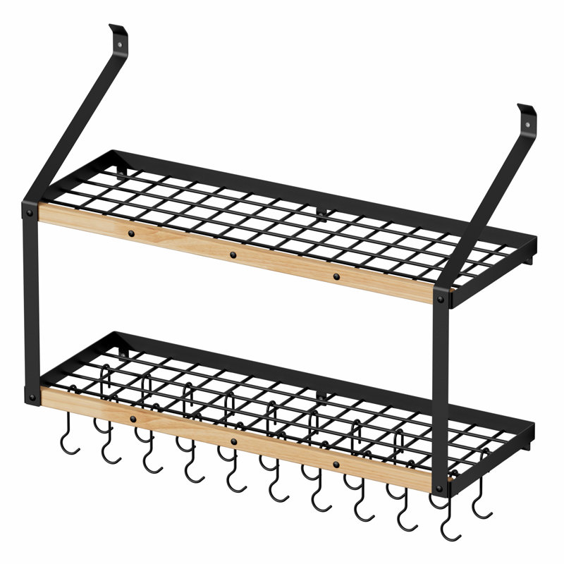 2-Tier 34 Inch Wall Mount Pot Rack 132lbs Heavy Duty With 20 Sturdy Hooks Matte Black