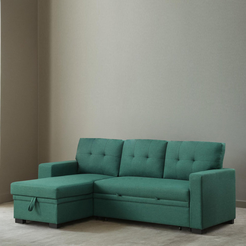 3 - Piece Upholstered Pull Out Sectional Sleeper Sofa With Storage Chaise, Green Linen Blend