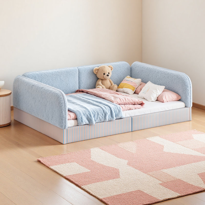 Structure de lit rembourré en molleton pour enfants, lit semi-fermé Montessori pour garçons et filles, lit plateforme à profil bas avec garde-corps latéraux