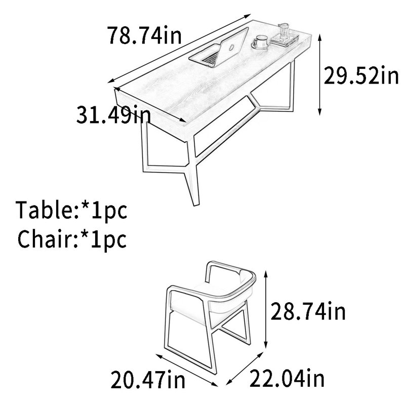 Bureau à structure en bois de frêne avec armoire en bois massif, H 29,52 po x l 78,74 po x P 31,49 po