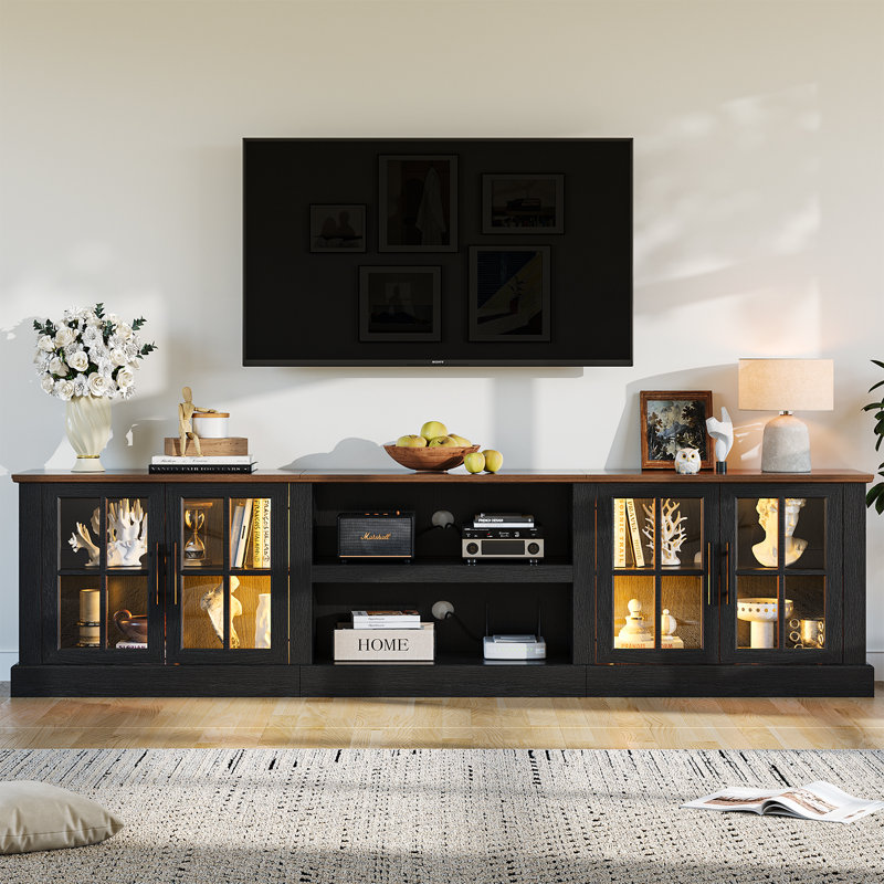 90" Farmhouse TV Stand With LED Light, Glass Cabinet & Open Shelves, Fits Tvs Up To 100", 26.5"H x 90"L x 15"W, Black
