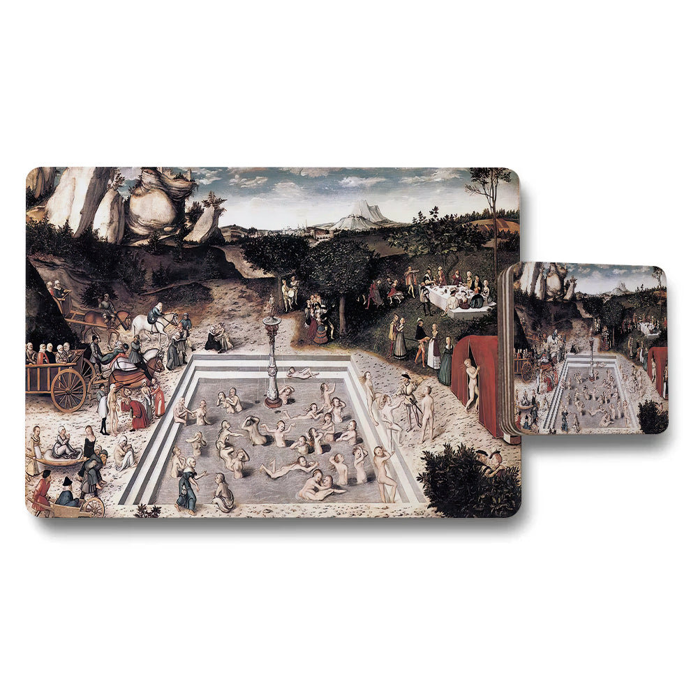 Placemat Coaster Set With Classical Bathing Scene Artwork