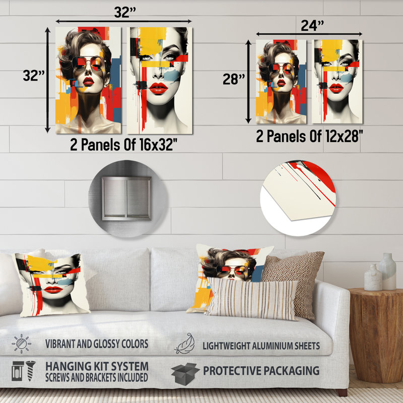 «Woman De Stijl Abstract», ensemble de 2 reproductions d'art en métal, H 28 po x l 24 po