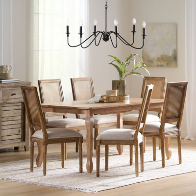 Ensemble de salle à manger extensible 7 pièces en tissu, bois d'hévéa et canne Stockseth