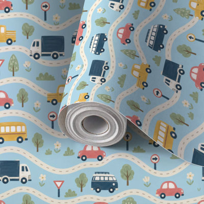 Peel and Stick Wallpaper Contact Paper Seamless cars traffic signs Childrens City map roads transport Self Adhesive and Removable 17.7in x 118in(45x300cm)
