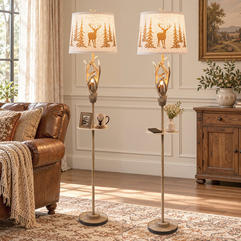 64" Rustic Antler Floor Lamp With Night Light & Tray