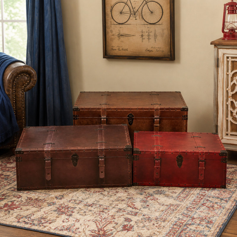 Cantrell Wood Nesting Upholstered Decorative Brown Trunk with Vintage Accents and Studs Set