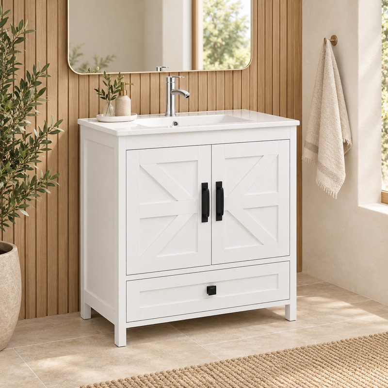 Ensemble de vanité de 76 cm avec lavabo encastré et robinet, espace de rangement dissimulé - Blanc, Blanc, 30"