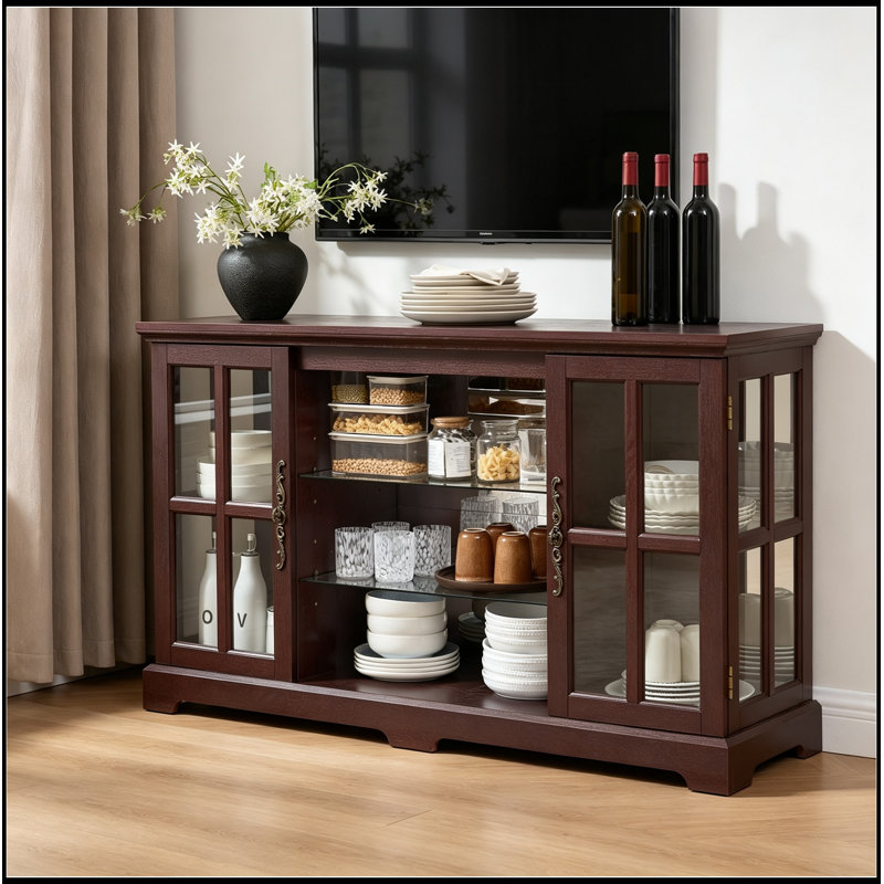 Meuble télé avec 2 portes vitrées et 2 tablettes réglables à 2 niveaux, Cherry