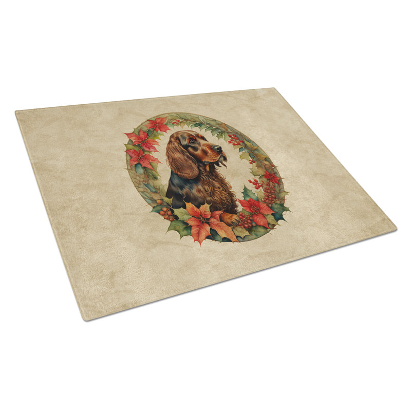 Field Spaniel Christmas Flowers Glass Cutting Board