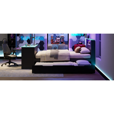 Full Size Wood Daybed with Twin Size Trundle,Desk,LED light and USB,Black+Blue