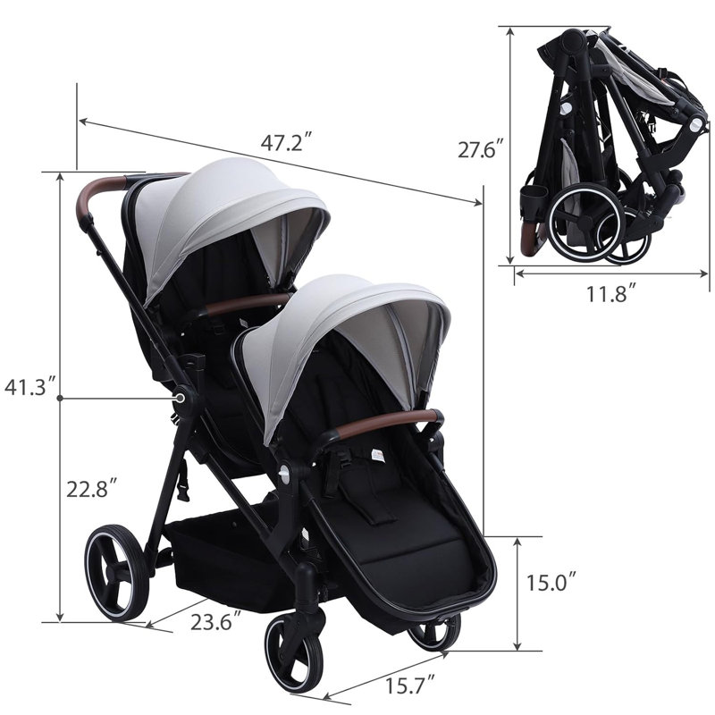 Double Tandem Stroller for Infant & Toddler - Collapsible Lightweight Pushchair with Reversible Seats - Adjustable Backrest & Canopy, 5-Point Harness, Large Storage Basket, Travel Ready - Light Gray