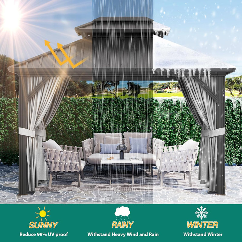 Pavillon de jardin 10 pi x 13 pi gris avec toit en acier galvanisé et double toit avec rideaux et filet pour patio