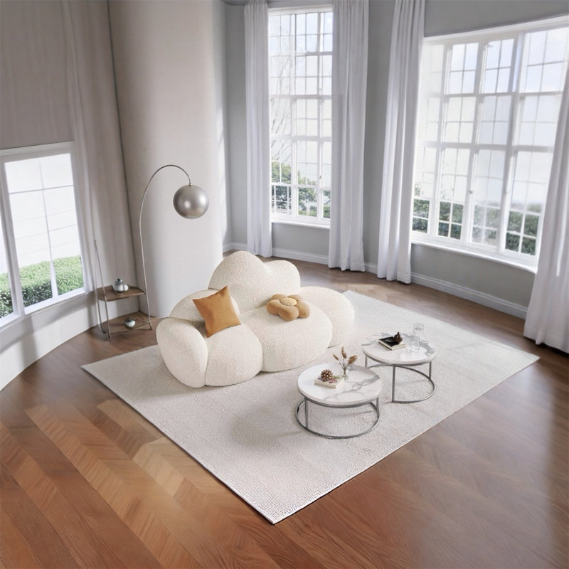 Sofa Cloud-Shaped Modular Living Room Furniture, Cream Boucle Fabric with Solid Wood Frame & Sponge Cushion, Modern Lounge Chair & Coffee Table Combo for Apartment & Hotel