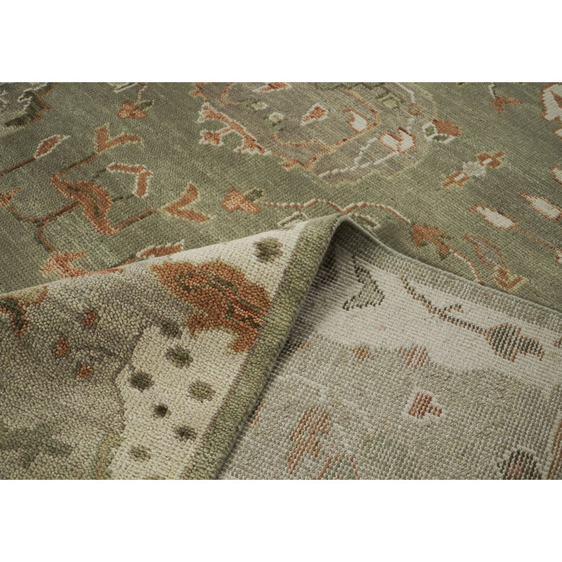 Tapis transitionnel vert en laine noué à la main 11 pi 11 po x 15 pi 2 po