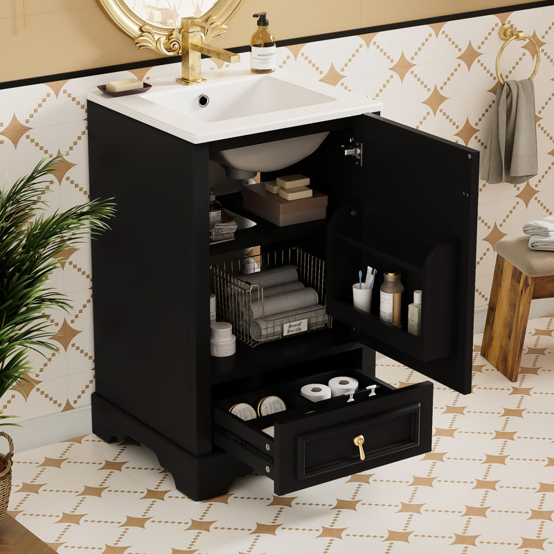 Meuble-lavabo de 20 pouces au design moderne avec lavabo en céramique, tablette réglable et porte à tiroir à fermeture en douceur