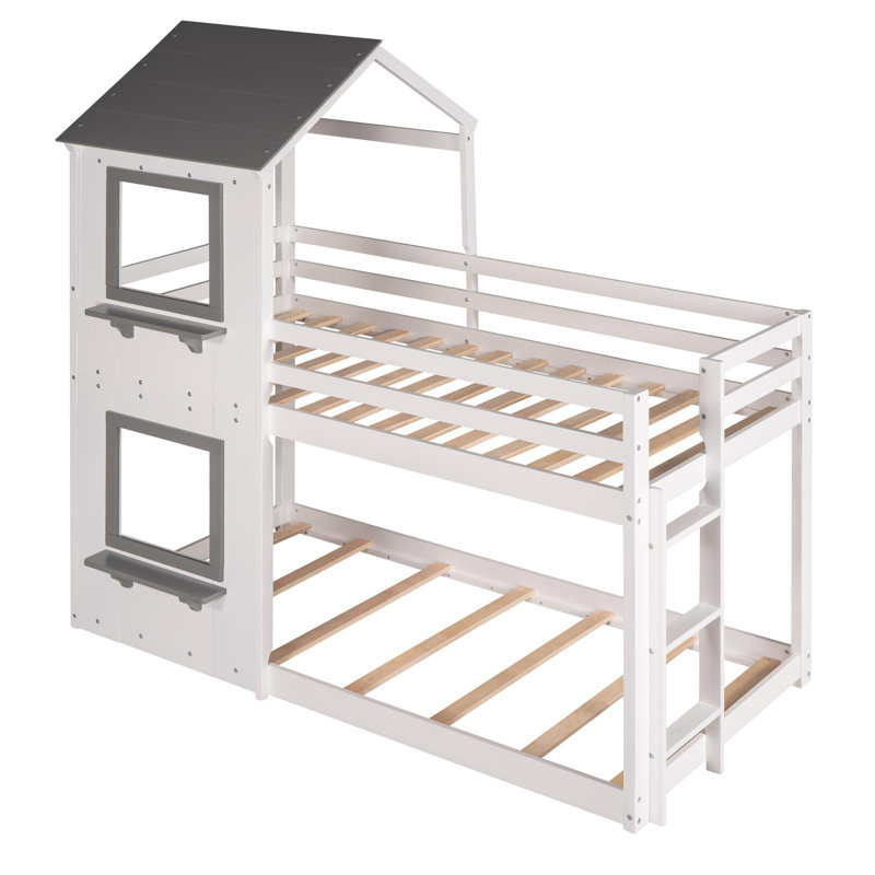 Hruni Kids Twin Over Twin Bunk Bed, White