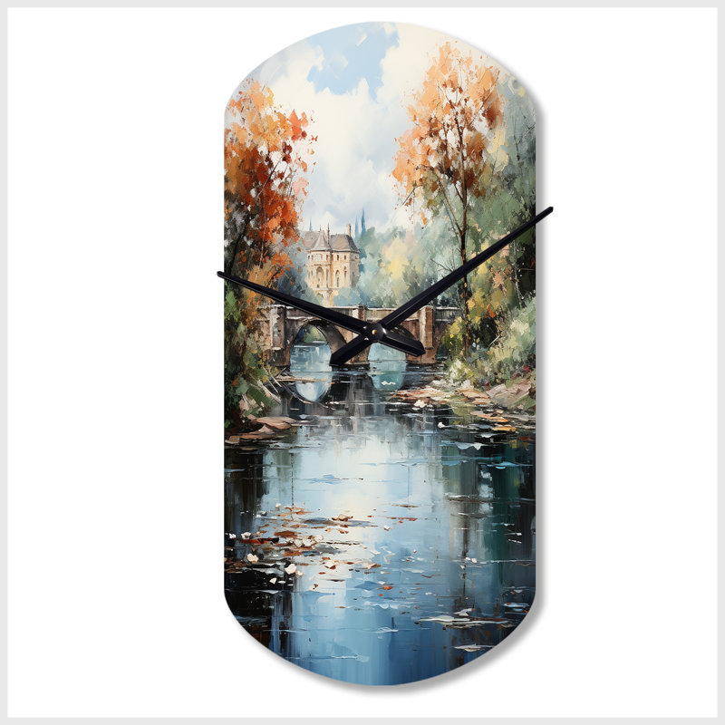 Horloge murale cylindrique en métal Beige Bridge Impressionist Waterscape An, Grand